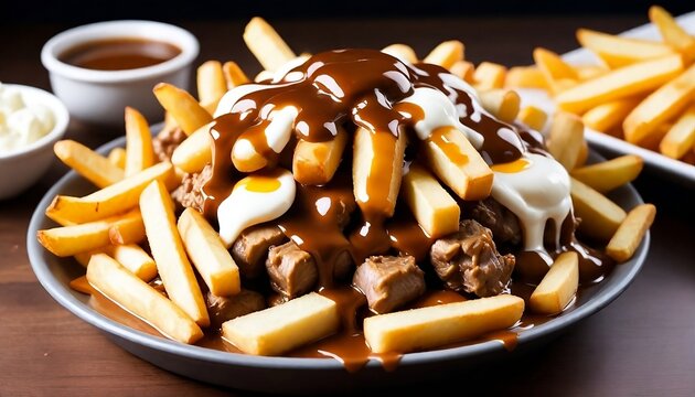 Canadian Poutine food dish with French fries and cheese curds topped with a brown gravy, created with generative ai