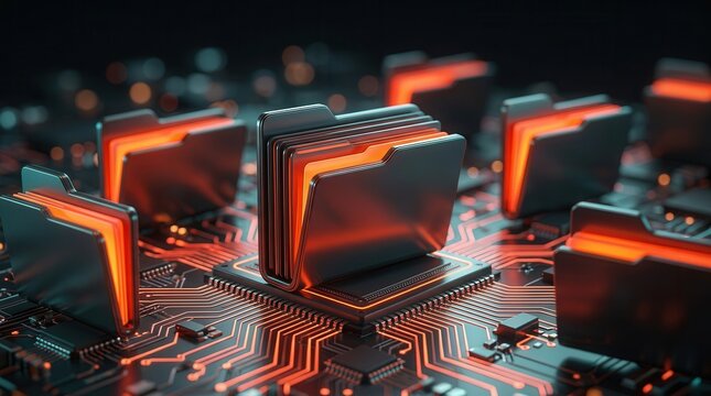 Structured data management and access control are shown by glowing digital folder icons on a circuit board, crucial for digital file system data governance.