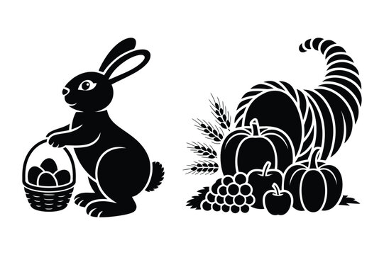 Easter bunny with basket and autumn harvest cornucopia with pumpkins and grapes