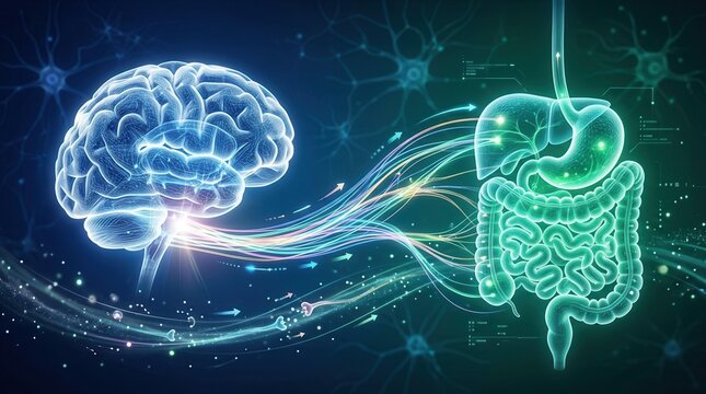 Scientific illustration depicting the critical neural connections of the gut-brain axis, integrating brain and intestines.