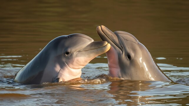 Irrawaddy Dolphins Bonding in Shallow River Water at Golden Hour