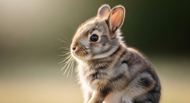 A detailed close up shot of a small cute baby rabbit with soft fur in soft lighting