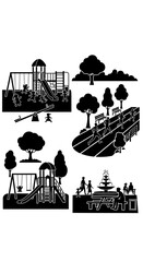 Obraz premium Playground Scenes Silhouettes: Swings, Slides, Benches, Fountain, Trees, Children Playing