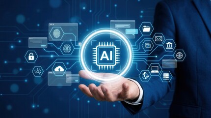 Fototapeta premium A futuristic vision: a young businessman engages with smart artificial intelligence and advanced chatbot features.