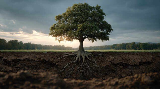 Tree with roots in soil at sunset, symbol of growth and strength, isolated landscape with dramatic sky