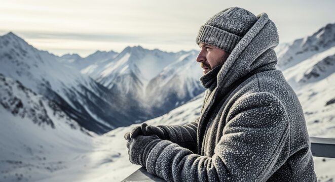 Man in Wool Clothing Against Snowy Mountain Range in Sunlight