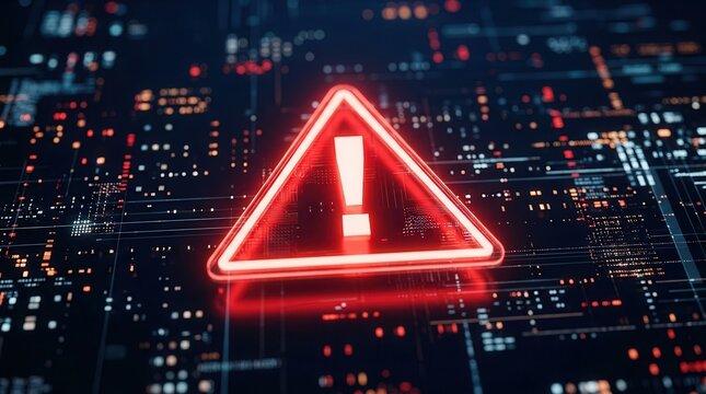 Digital matrix displaying a prominent red warning triangle, indicating critical fraud detection and intelligence alerts.