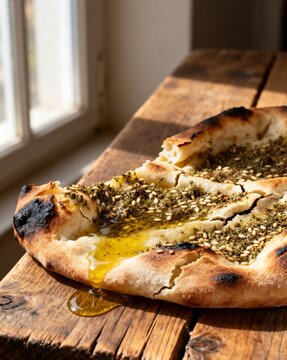 Warm Za'atar Flatbread with Olive Oil Drizzle on Rustic Wooden Surface