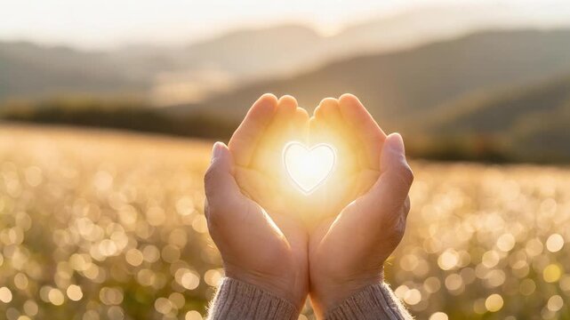 Close-up of a glowing heart held in both hands, symbolizing bonds and mutual help