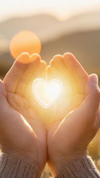 Close-up of a glowing heart held in both hands, symbolizing bonds and mutual help