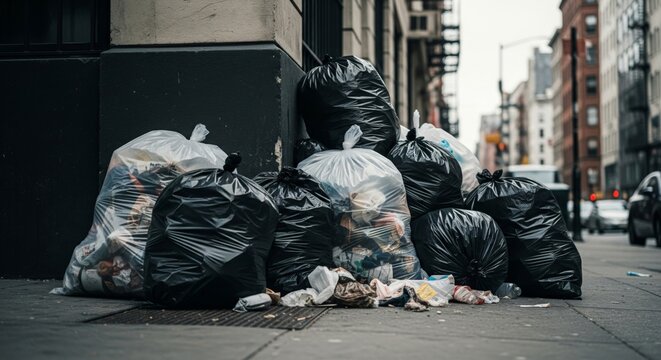 Black Trash Bags Piled on Urban Sidewalk near Building Corner