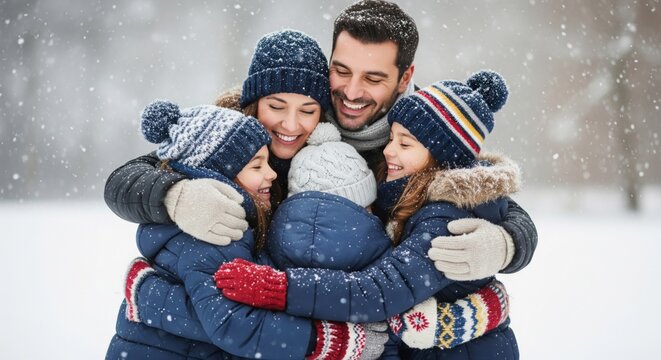 Happy Family Embracing in Snowfall with Blue Winter Outfits