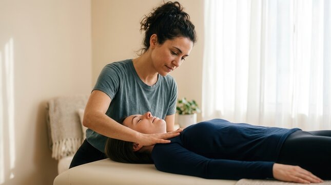 Focusing on connection, a therapist performs a body-centered session for a client, highlighting gentle touch, breathing, and presence.