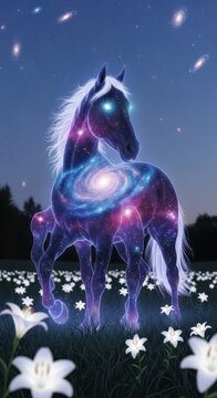 Majestic celestial horse stands within a field of glowing white lilies under a starry night sky.