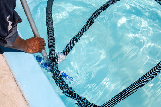 Person cleaning swimming pool using vacuum hose for maintenance