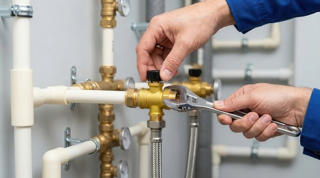 Plumbing installation featuring a white CPVC pipe manifold and brass valves, meticulously adjusted by hand.