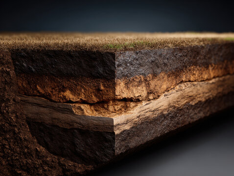 Soil cross section layered earth profile underground geology grass surface rocky strata earth texture natural ground sediment layer subsurface soil geological cutaway