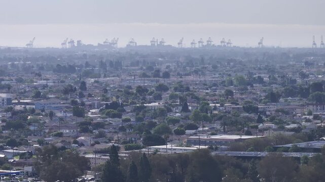 Telephoto Aerial of Torrance with Port of LA and Long Beach Cranes