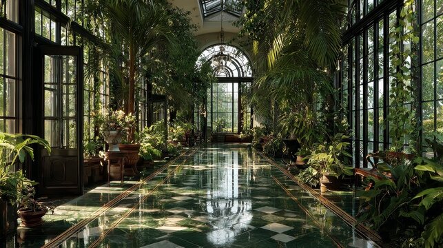 Symmetrical indoor botanical conservatory with lush tropical plants, tiled walkway, sunlight filtering through glass windows, peaceful greenhouse atmosphere, cinematic ultra-realistic composition