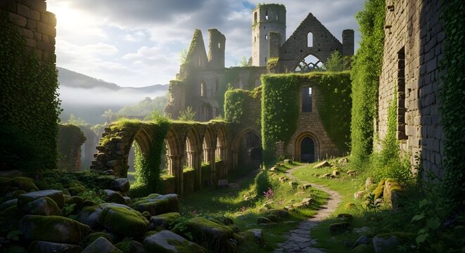 Ancient stone monastery ruins overgrown with lush green ivy under a dramatic morning sky