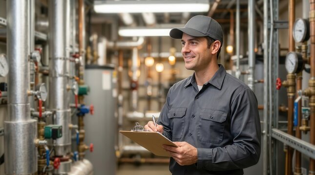 An engineer with a clipboard inspects a complex heating system, meticulously checking boiler and piping for maintenance.