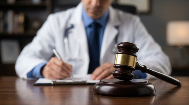 This image shows a gavel and a doctor writing, illustrating a court proceeding for medical negligence and malpractice lawyer services.