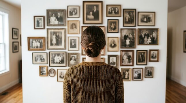 Capturing lineage and memory, a person gazes at an extensive family tree display of ancestor photographs on a white wall.