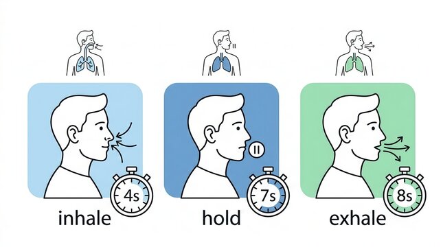 A visual guide explaining the 4-7-8 breathing technique, meticulously showing the inhale, hold, and exhale steps to promote mental clarity and relaxation.