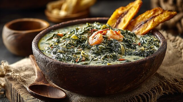 Professional editorial food photography of Ndol&eacute;, a creamy stew made with bitter leaves, peanuts and dried shrimp, served in a handcrafted clay bowl on a dark aged wooden table. 