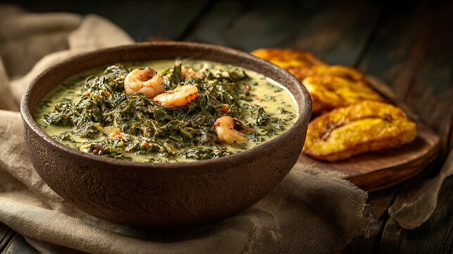 Professional editorial food photography of Ndol&eacute;, a creamy stew made with bitter leaves, peanuts and dried shrimp, served in a handcrafted clay bowl on a dark aged wooden table. 