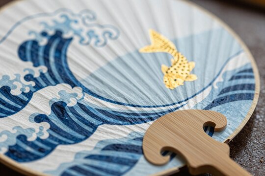 Japanese uchiwa round fan with traditional wave and goldfish motif