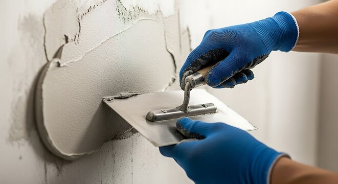 Hands applying stucco with a trowel to a wall during interior renovations