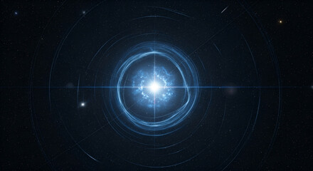 Obraz premium Cinematic blue star pulsar radiating gravitational waves in deep space, cosmic supernova explosion concept, futuristic astronomical visualization, sci-fi stellar energy burst.