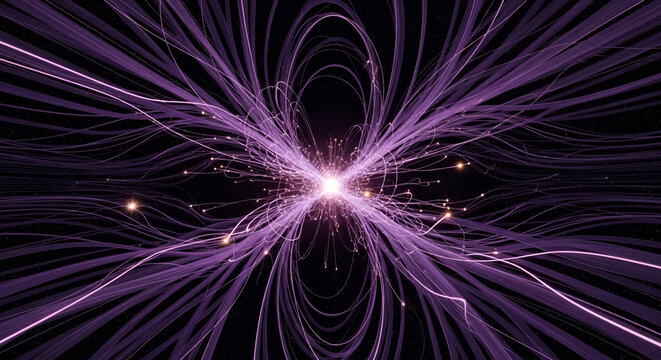 Abstract purple energy explosion with glowing light trails and particles in deep space, cosmic burst of subatomic particles, quantum physics concept, stellar nebula background.