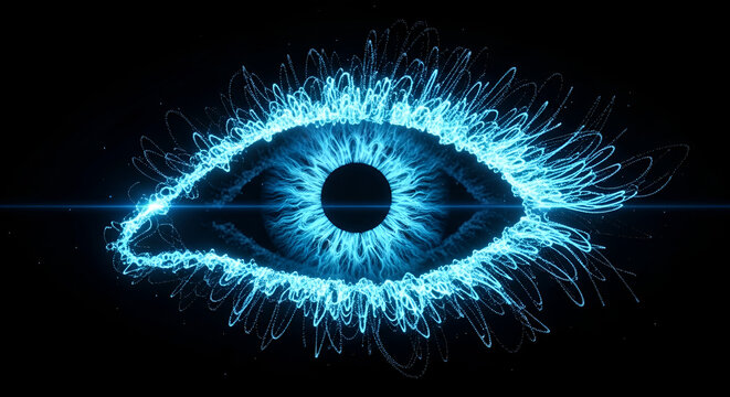 Blue glowing digital eye with particle filaments, futuristic cosmic vision, cybernetic iris surveillance concept, artificial intelligence insight, high-tech observation motif.