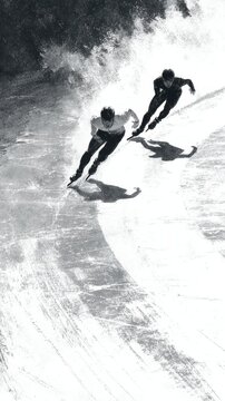 Two short track speed skaters competing on icy curve with dynamic motion and elegant ink pen style, hand-painted watercolor effect emphasizing speed, athleticism, and precise movement