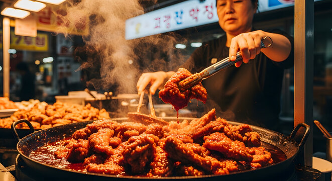 Vendor using metal tongs to lift a piece of crunchy deep fried chicken dripping with thick spicy red sauce from a large shared frying pan