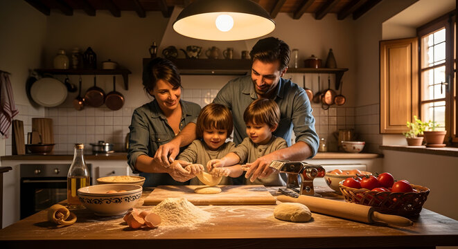 Happy mother father and two sons bonding while kneading fresh flour dough on a wooden table with pasta machine and fresh tomatoes nearby