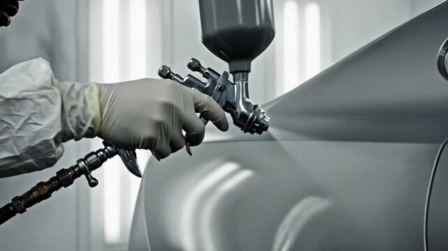Professional car spray painting process. Worker applies fresh paint to a vehicle in a modern automotive paint booth