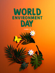 Fototapeta premium Colorful world environment day poster with tropical leaves flowers and butterfly design celebration