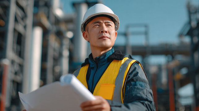 Industrial engineer white helmet yellow vest holding plan outdoor factory working man safety gear industrial plant technical drawing inspection site Asian man adult male hard hat work jacket