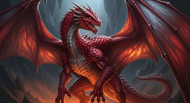 Powerful red dragon wyvern with spread wings standing on rocky ground