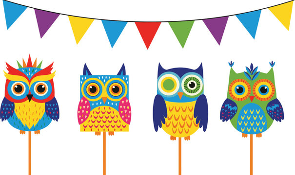 Colorful, Pohela, Boishakh, owl, mask, puppets, with, bunting, flags, for, Bengali, New, Year, celebration, traditional, folk, art, Mongol, Shobhajatra, vector.