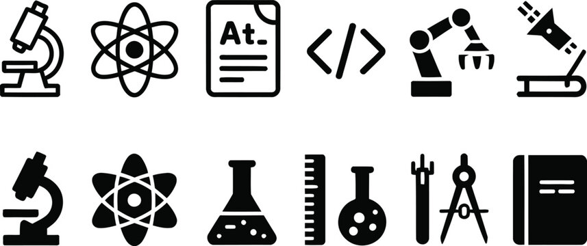 STEM Science and Technology Icons Set, Microscope, Atom, Chemistry, Coding, Robotics and Lab Tools, Minimal Line and Solid Vector Icons