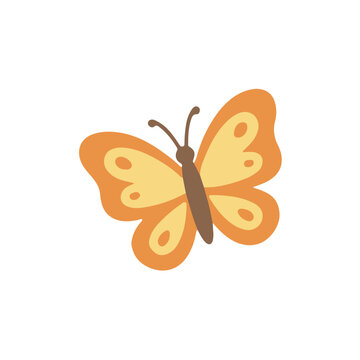 Cute orange butterfly illustration, beautiful garden insect icon in flat vector style for kids