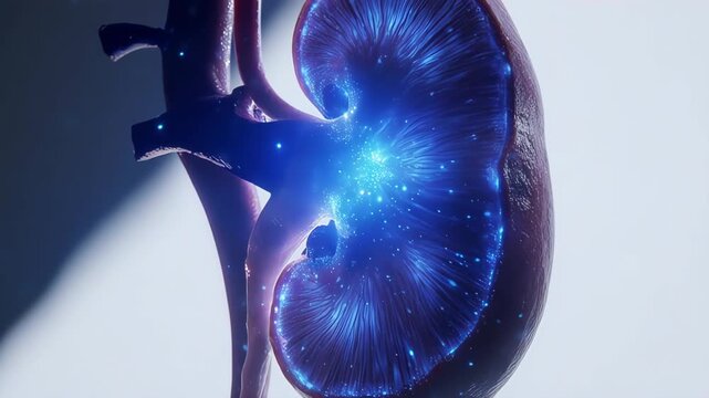 Shining blue purple kidney on blue background for medical science study