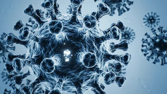 Abstract Medical Animation Representing Virus Corona COVID 19 Infection with Floating Pathogens on Blue Background