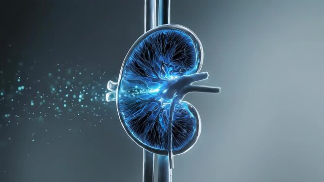 Shining blue purple kidney on blue background for medical science study