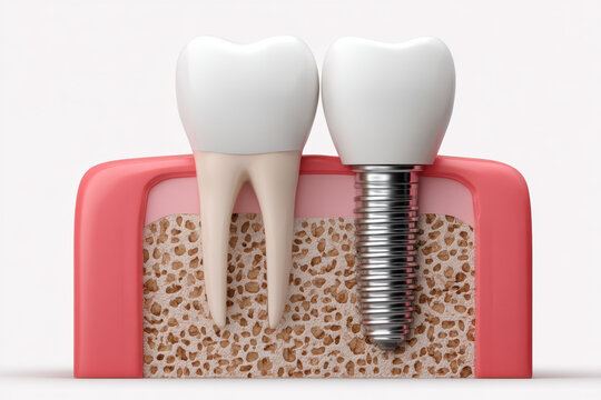 Dental implant and natural tooth cross section, clean medical illustration of oral structure and bone support