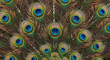 Obraz premium Vibrant Peacock Feathers Close-Up Background with Iridescent Eye Spots and Intricate Texture